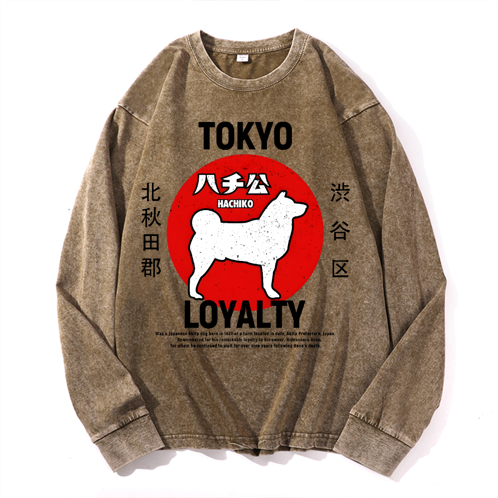 Tokyo Hachiko Vintage Cotton Wash Crewneck Long-Sleeve T-Shirt