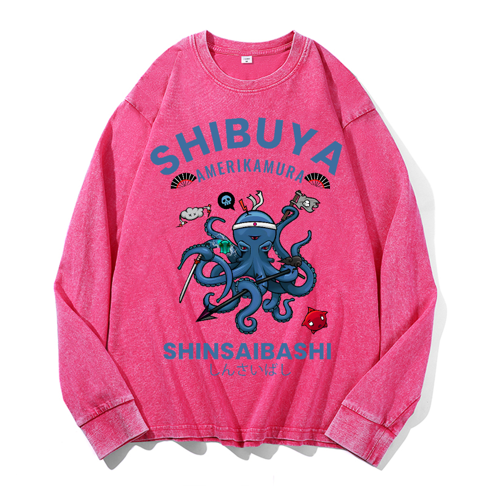 Shibuya Octopus Vintage Cotton Wash Crewneck Long-Sleeve T-Shirt