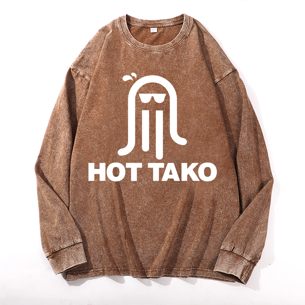Hot Tako Octopus Vintage Cotton Wash Crewneck Long-Sleeve T-Shirt