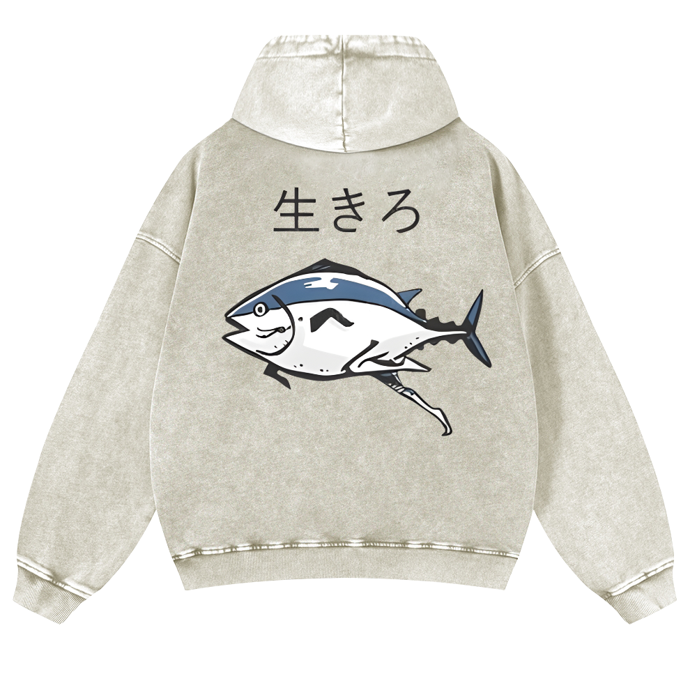 The Living Fish Vintage Washed Cotton Back Art Hoodie