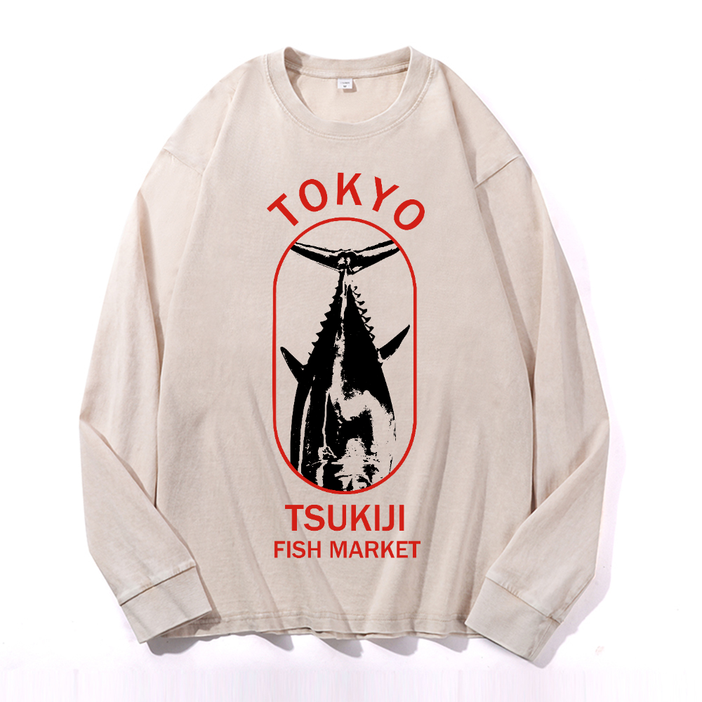 Tsukiji Market Vintage Cotton Wash Crewneck Long-Sleeve T-Shirt