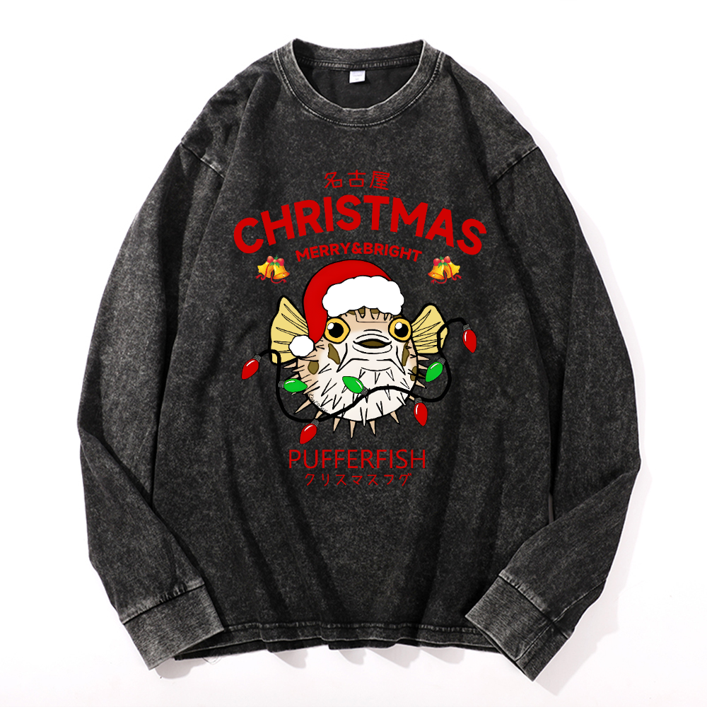 Christmas Puffer Fish Vintage Cotton Wash Crewneck Long-Sleeve T-Shirt
