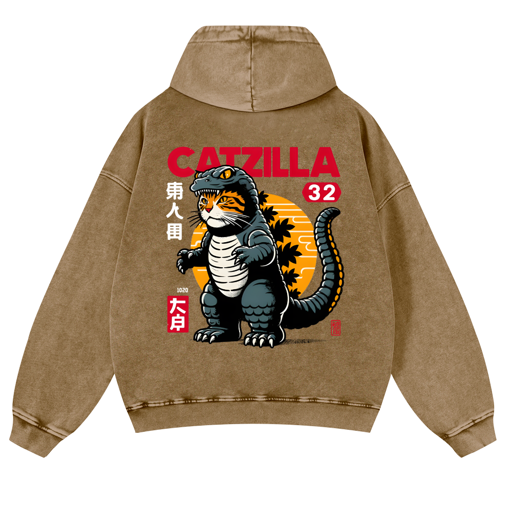 Cat Kaiju Catzilla Vintage Washed Cotton Back Art Hoodie