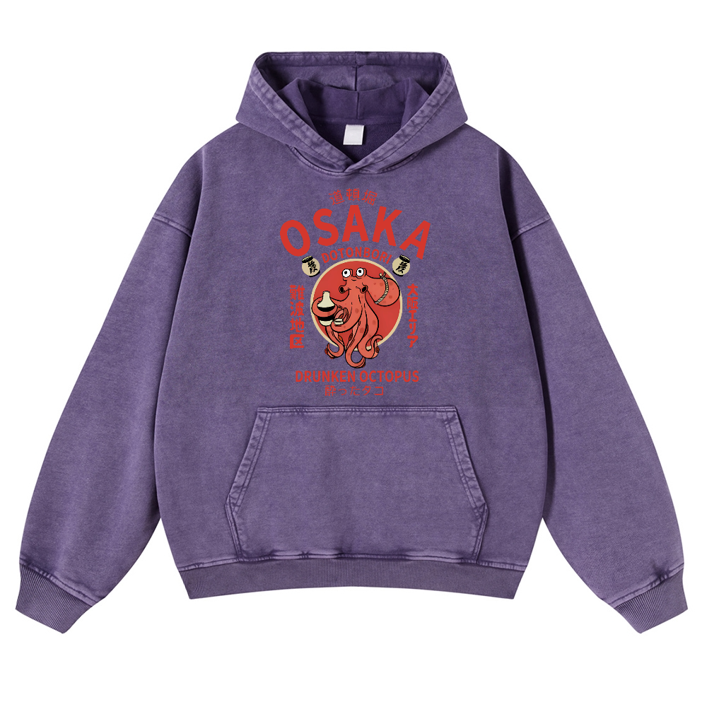 Osaka Dotonbori Drunken Octopus Vintage Washed Thick Cotton Hoodie