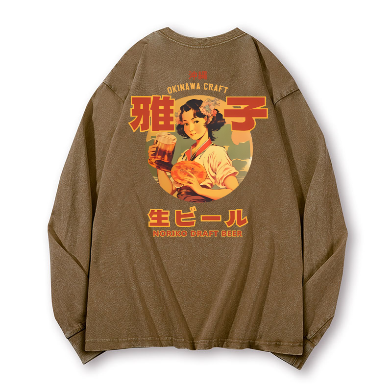 Noriko Draft Beer Vintage Washed Cotton Back Art Long-sleeve T-shirt