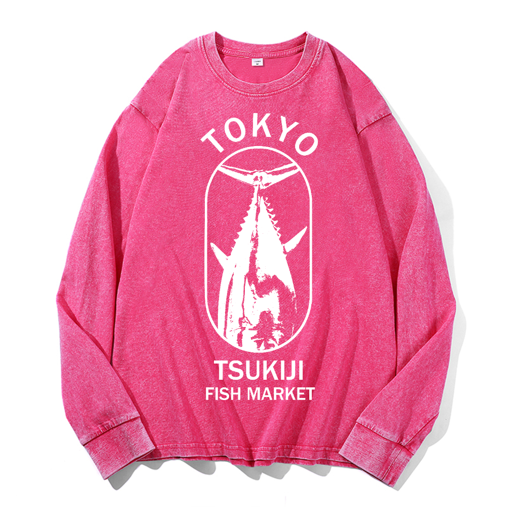 Tsukiji Market Vintage Cotton Wash Crewneck Long-Sleeve T-Shirt