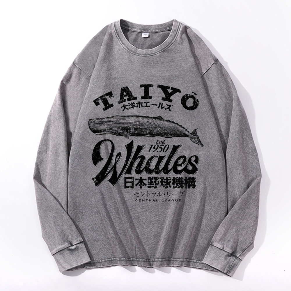 Taiyo Whales Vintage Cotton Wash Crewneck Long-Sleeve T-Shirt