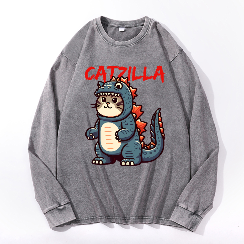Catzilla Cat Kaiju Vintage Cotton Wash Crewneck Long-Sleeve T-Shirt