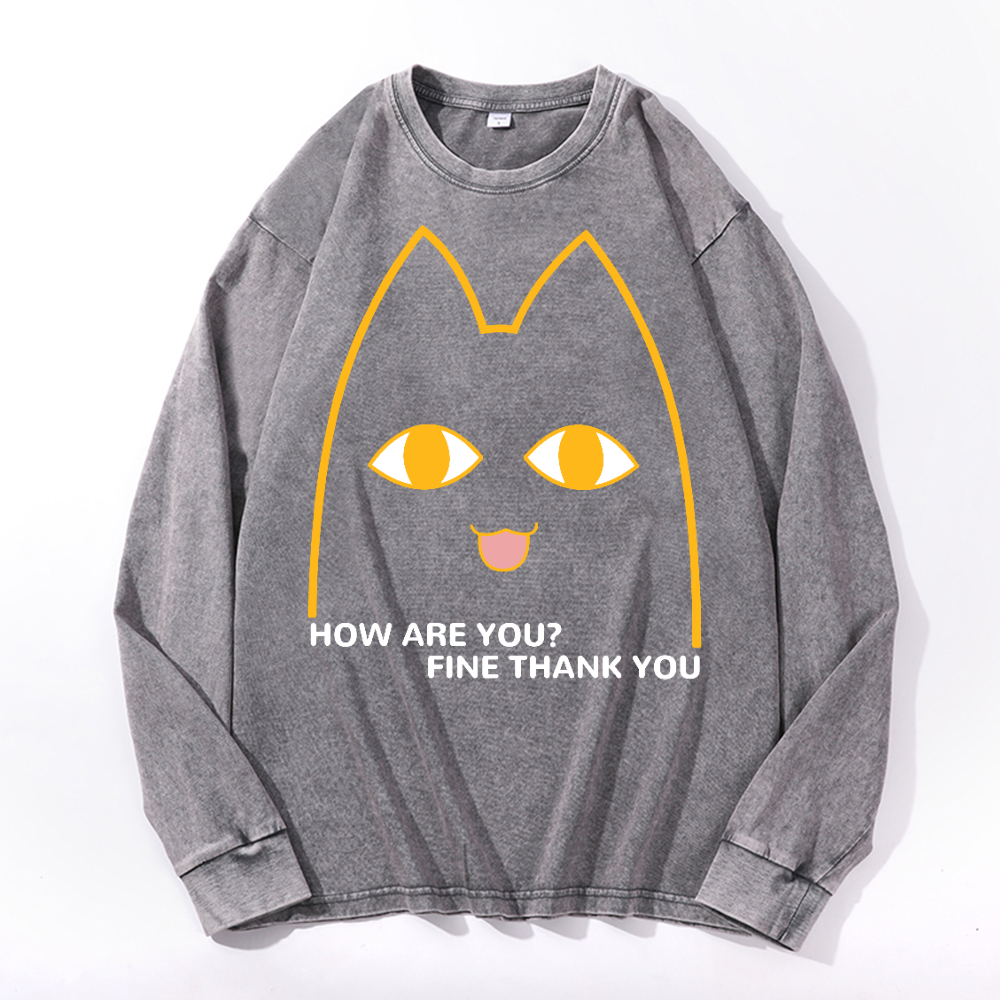 Cat Vintage Cotton Wash Crewneck Long-Sleeve T-Shirt
