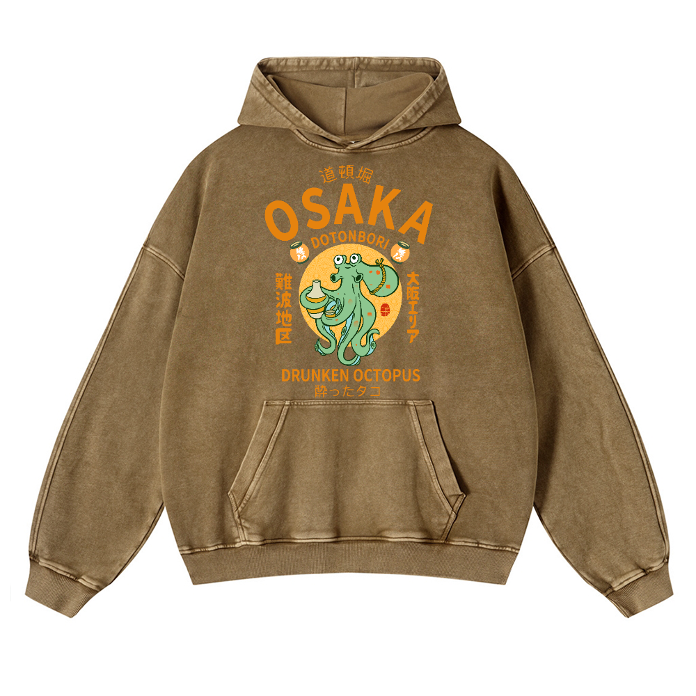 Osaka Dotonbori Drunken Octopus Vintage Washed Thick Cotton Hoodie