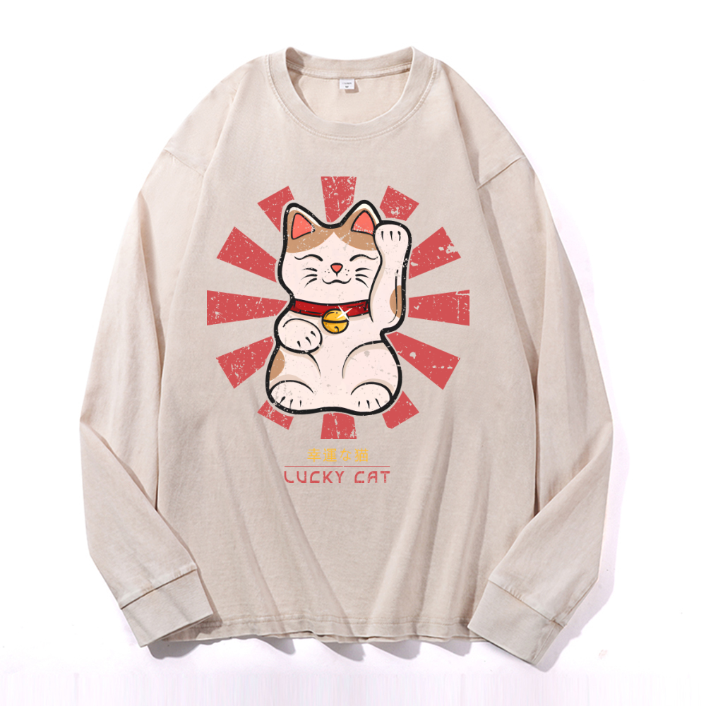 Lucky Cat Vintage Cotton Wash Crewneck Long-Sleeve T-Shirt