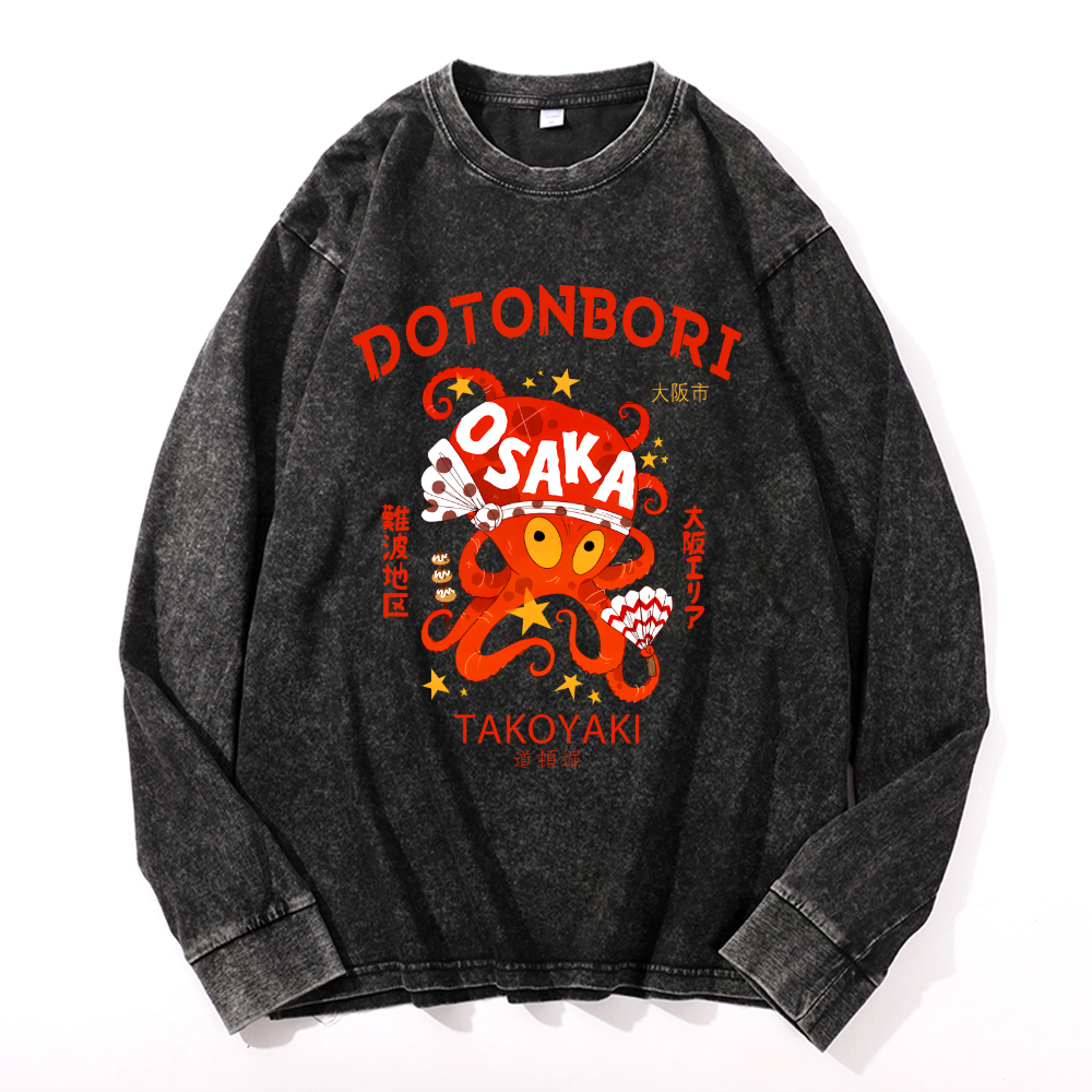 Dotonbori Takoyaki Vintage Cotton Wash Crewneck Long-Sleeve T-Shirt