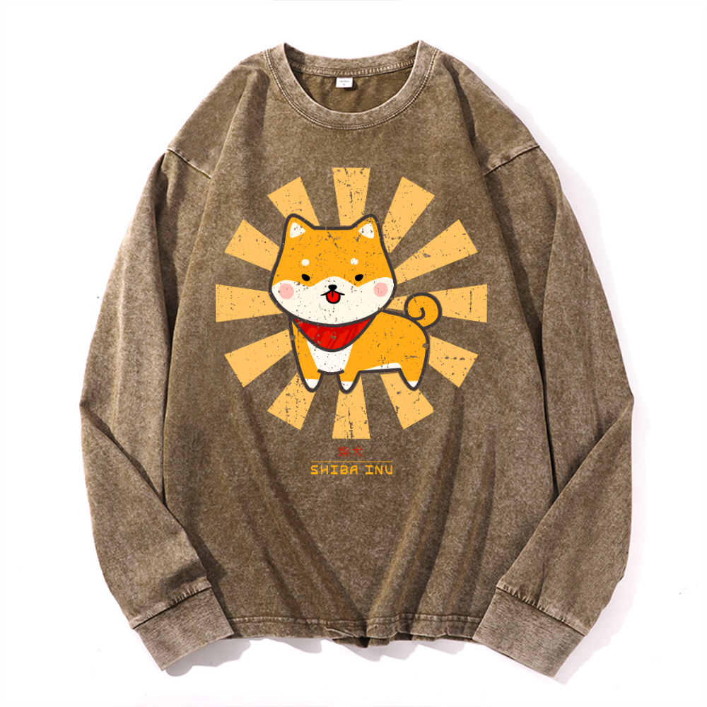 Shiba Inu Vintage Cotton Wash Crewneck Long-Sleeve T-Shirt