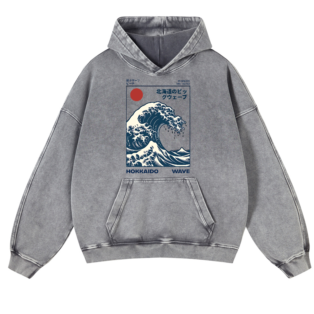 Hokkaido The Great Wave off Kanagawa Ukiyoe Vintage Washed Thick Cotton Hoodie