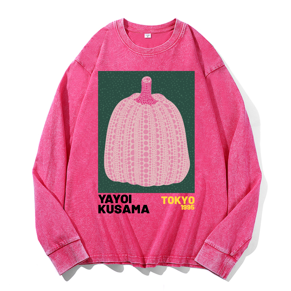 Yayoi Kusama Pumpkin Vintage Cotton Wash Crewneck Long-Sleeve T-Shirt
