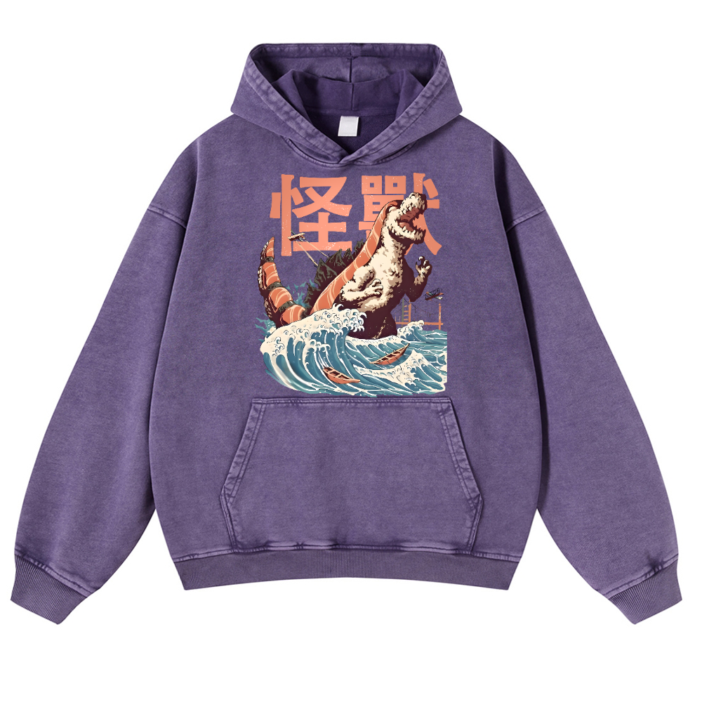Kaiju Sushi Monster Wave Vintage Washed Thick Cotton Hoodie