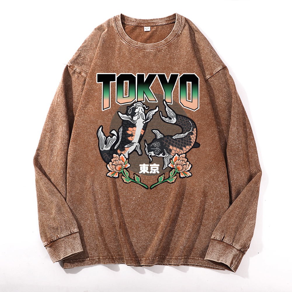 Tokyo Koi Vintage Cotton Wash Crewneck Long-Sleeve T-Shirt
