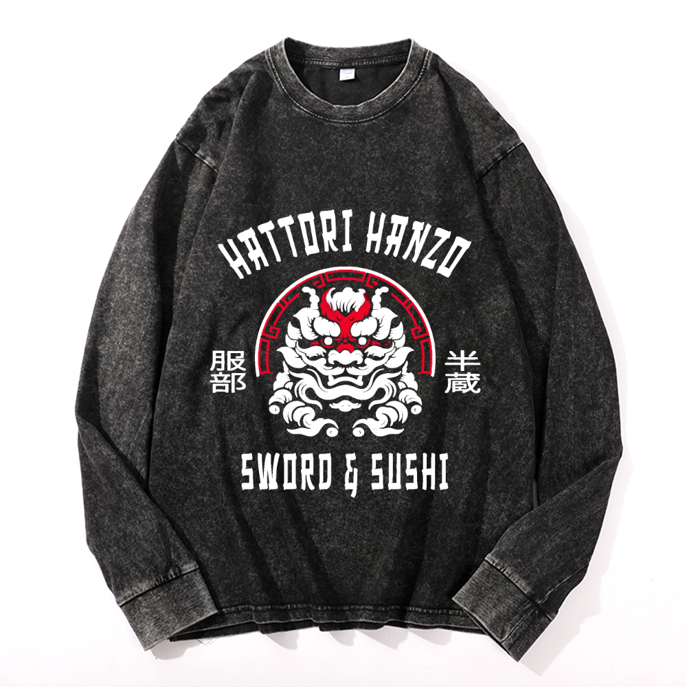 Hattori Hanzo Komainu Vintage Cotton Wash Crewneck Long-Sleeve T-Shirt