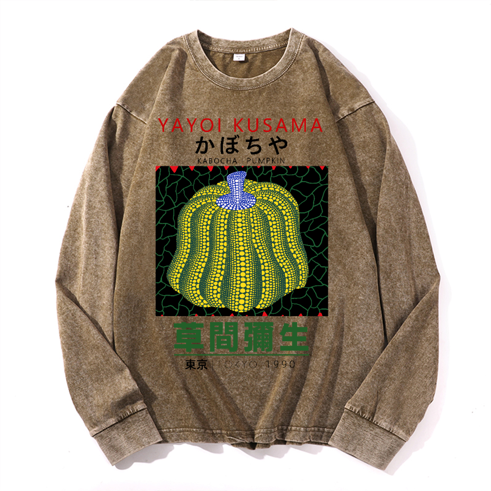 Yayoi Kusama Pumpkin Vintage Cotton Wash Crewneck Long-Sleeve T-Shirt