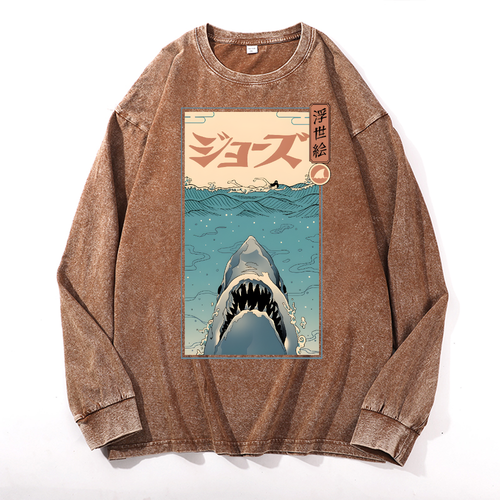 Jaws Vintage Cotton Wash Crewneck Long-Sleeve T-Shirt