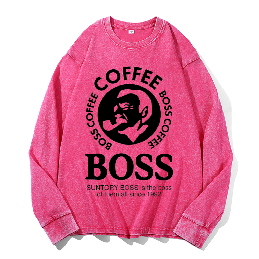 Coffee Boss Vintage Cotton Wash Crewneck Long-Sleeve T-Shirt
