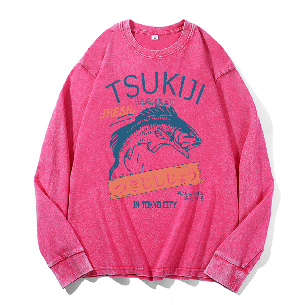 Tsukiji Market Vintage Cotton Wash Crewneck Long-Sleeve T-Shirt