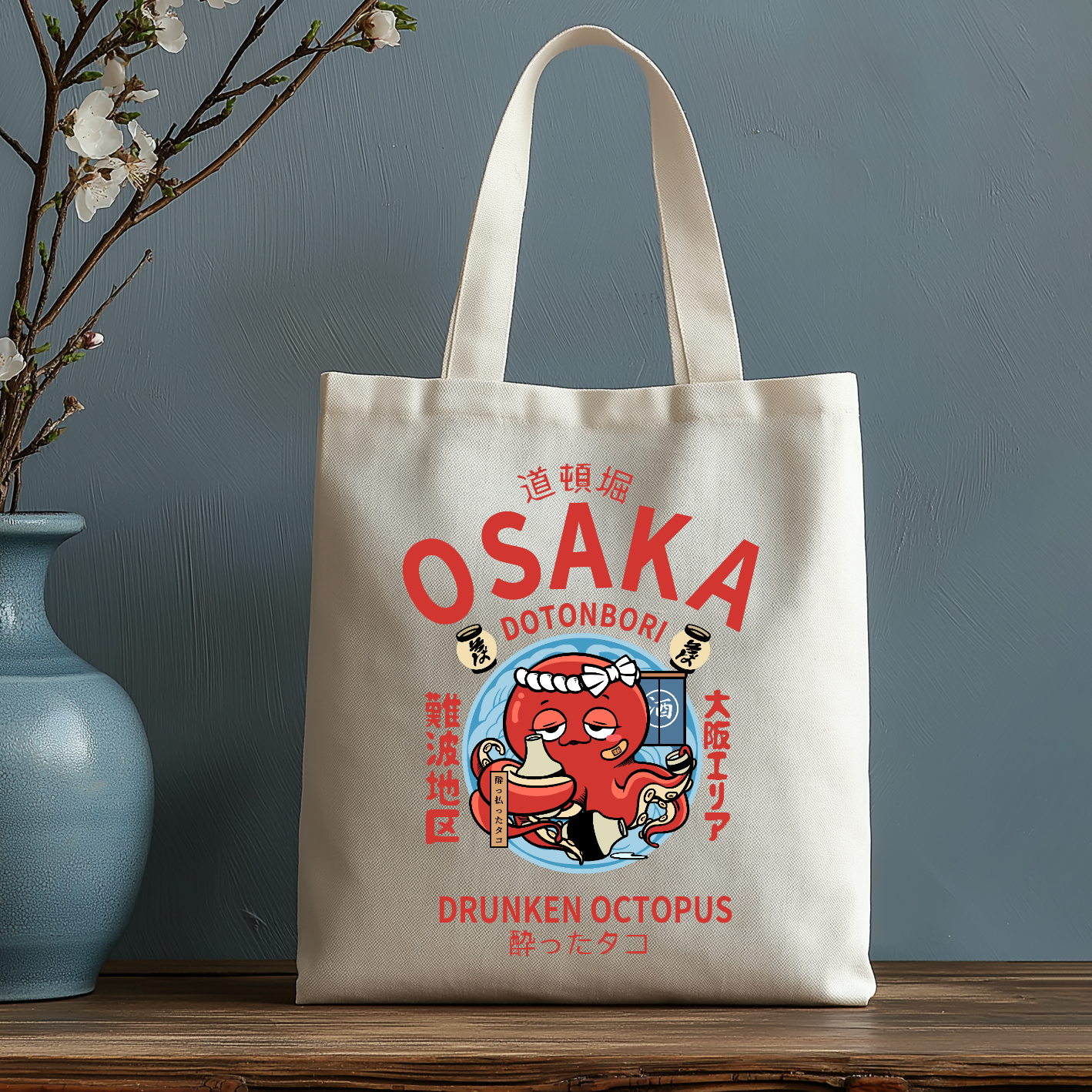 Osaka Dotonbori Drunken Octopus Japanese Style Canvas Tote Bag