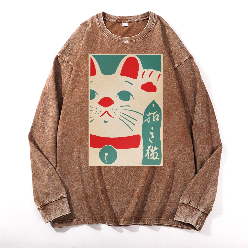 Cat Vintage Cotton Wash Crewneck Long-Sleeve T-Shirt