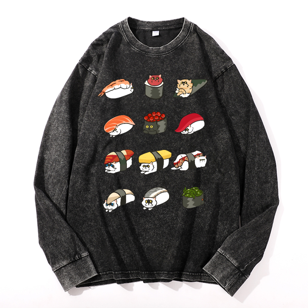 Sushi Cat Vintage Cotton Wash Crewneck Long-Sleeve T-Shirt