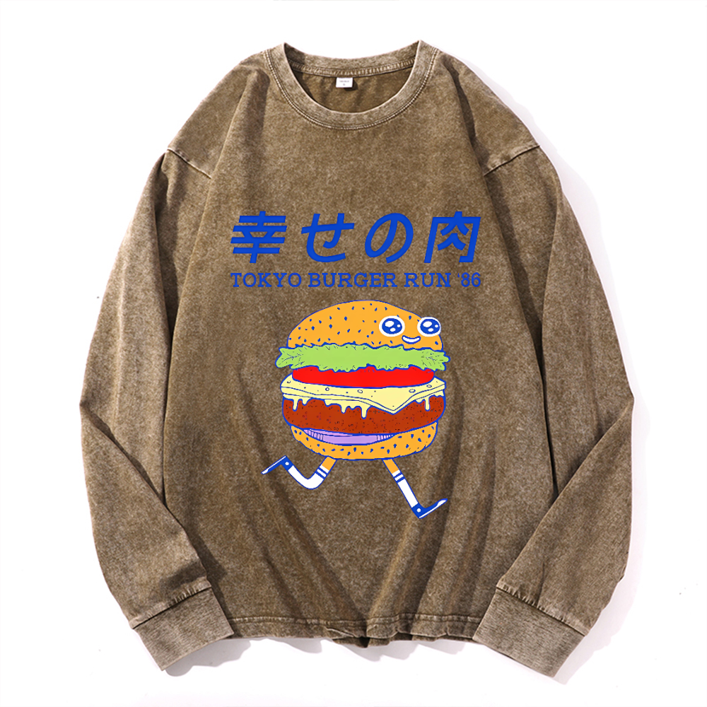 Tokyo Burger Run 86 Vintage Cotton Wash Crewneck Long-Sleeve T-Shirt
