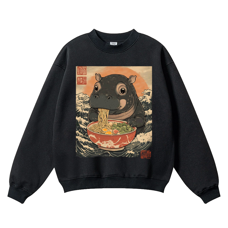 Hippo Ramen Vintage Cotton Blend Crewneck Sweatshirt