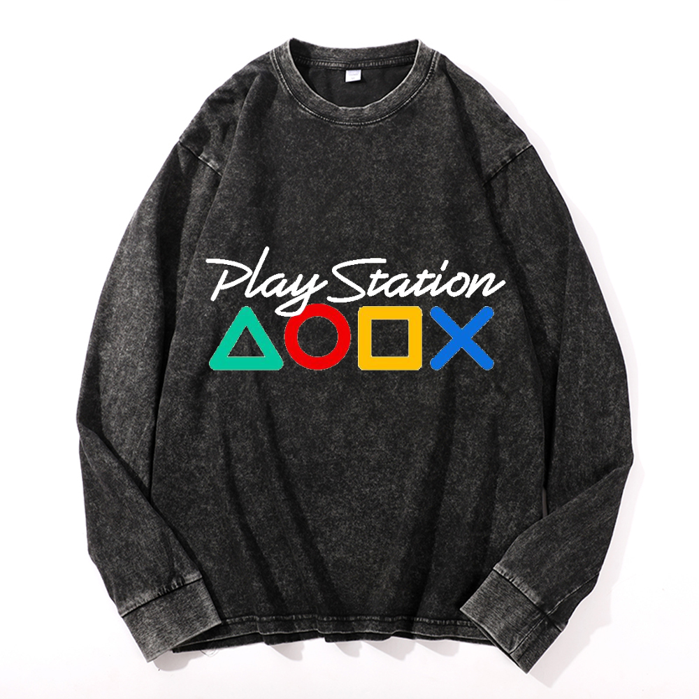 Vintage Cotton Wash Crewneck Long-Sleeve T-Shirt