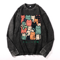 Cat Vintage Cotton Wash Crewneck Long-Sleeve T-Shirt