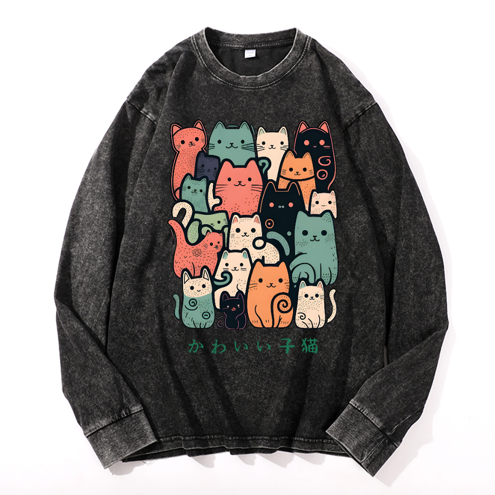 Cat Vintage Cotton Wash Crewneck Long-Sleeve T-Shirt