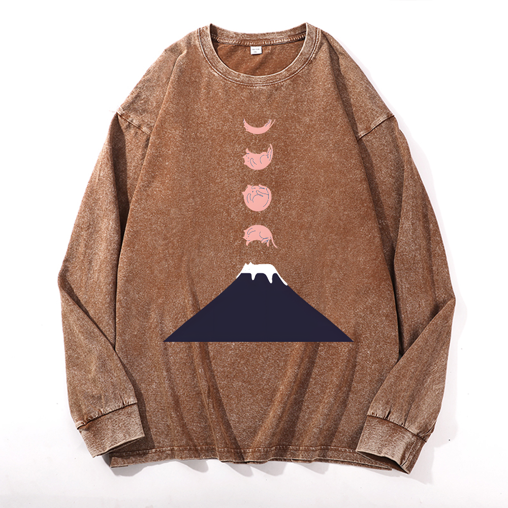 Fuji Cat Vintage Cotton Wash Crewneck Long-Sleeve T-Shirt