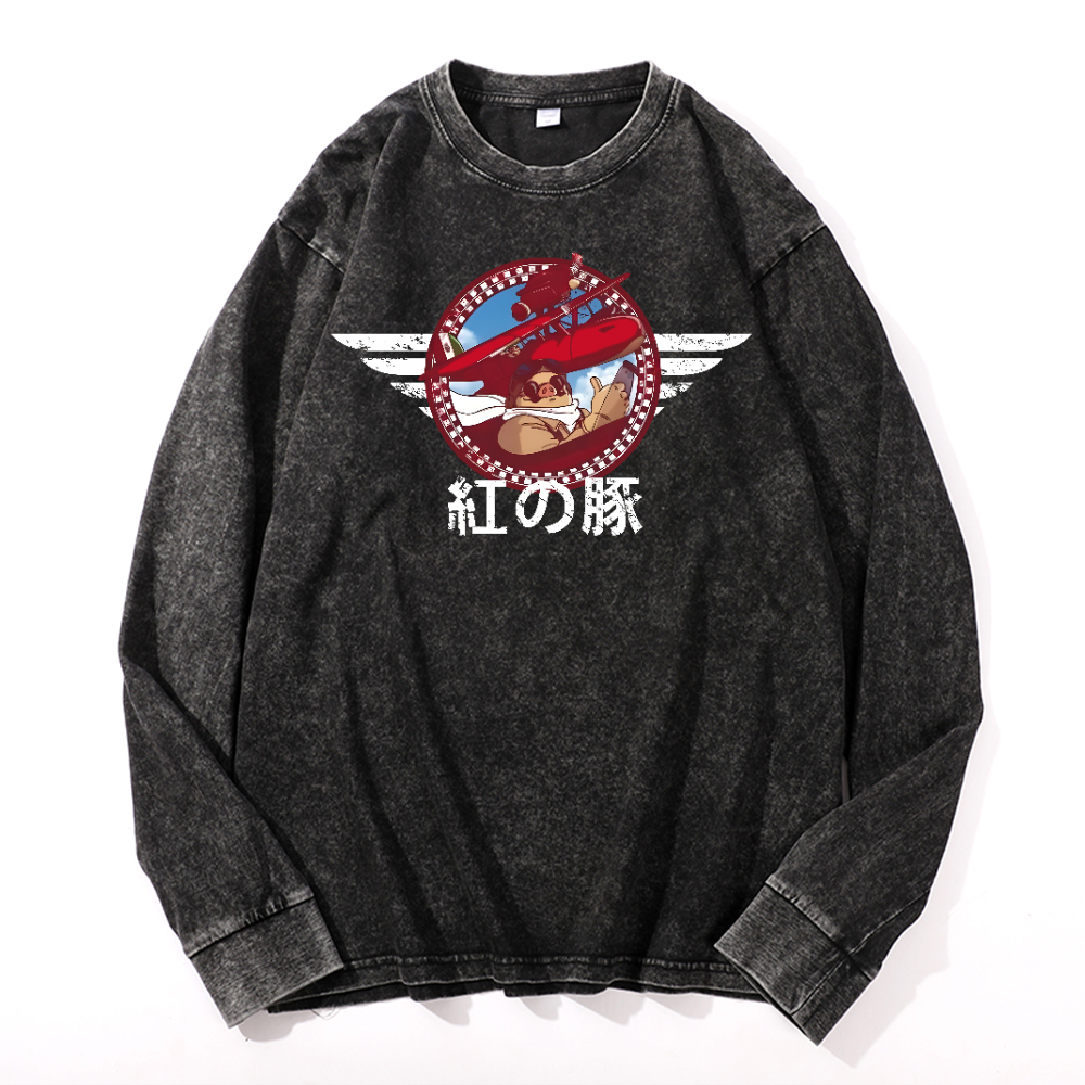Ghibli Porco Rosso Vintage Cotton Wash Long-sleeve T-shirt