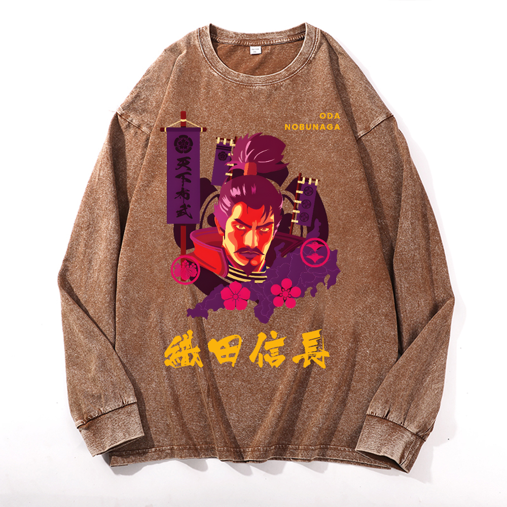 Oda Nobunaga Vintage Cotton Wash Crewneck Long-Sleeve T-Shirt