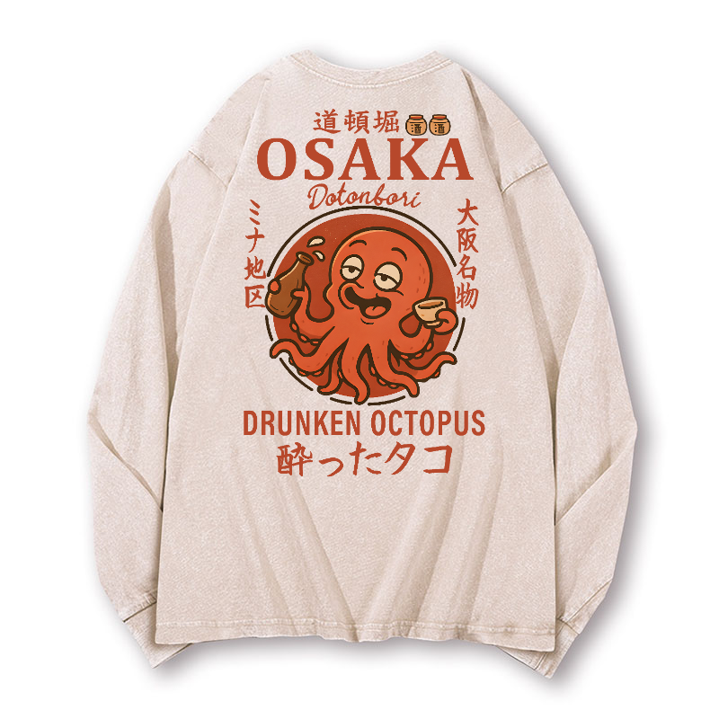 Osaka Dotonbori Drunken Octopus Vintage Washed Cotton Back Art Long-sleeve T-shirt