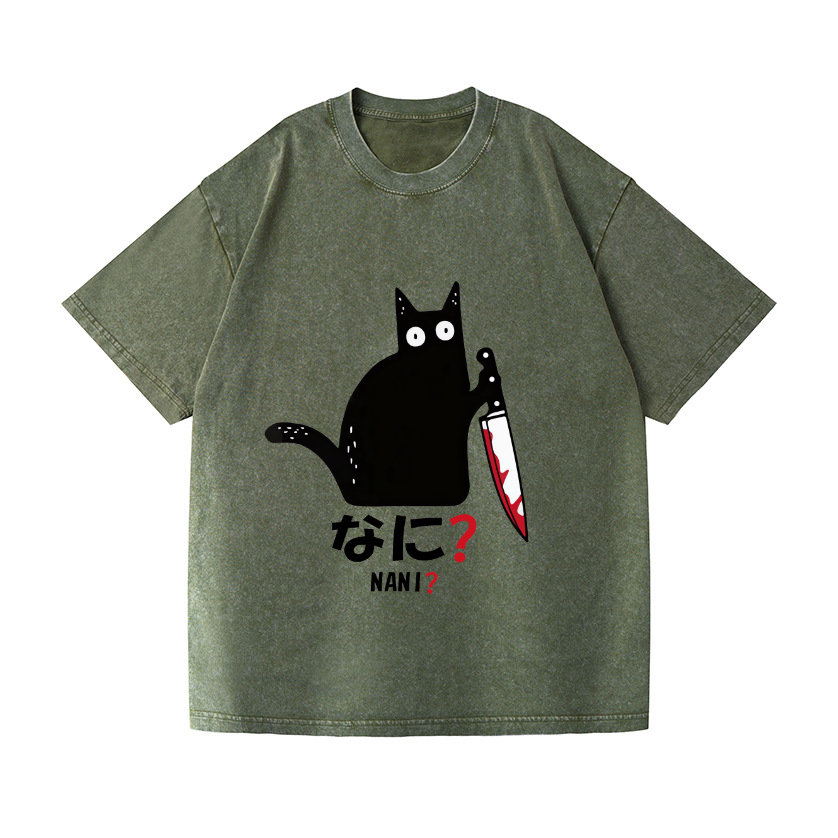 The Black Cat with a Knife Vintage Wash Japanese Design T-Shirt