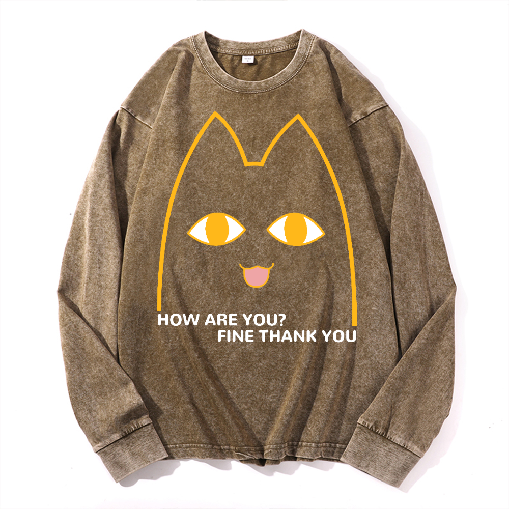 Cat Vintage Cotton Wash Crewneck Long-Sleeve T-Shirt