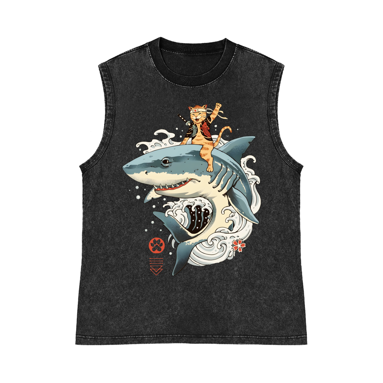 Shark And Cat Pure Cotton Wash-Dyed Sleeveless Tank Top