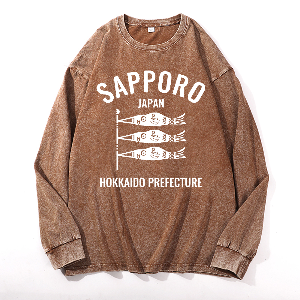 Sapporo Vintage Cotton Wash Crewneck Long-Sleeve T-Shirt