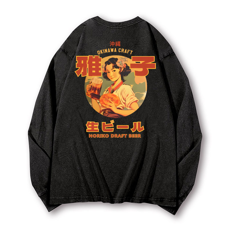 Noriko Draft Beer Vintage Washed Cotton Back Art Long-sleeve T-shirt