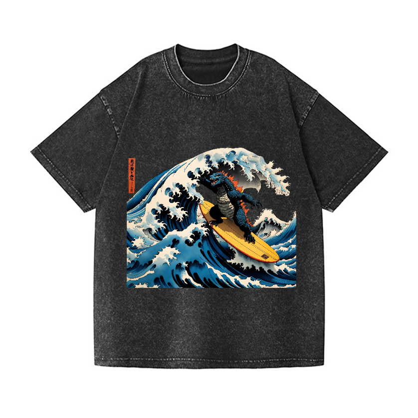 Kaiju Wave Vintage Wash Japanese Design T-Shirt