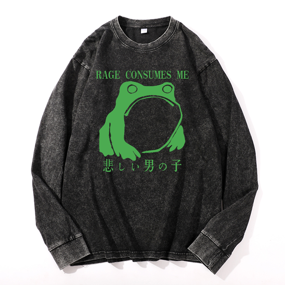 Rage Consumes Me Frog Vintage Cotton Wash Long-sleeve T-shirt