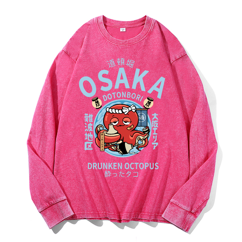 Osaka Dotonbori Drunken Octopus Vintage Cotton Wash Crewneck Long-Sleeve T-Shirt