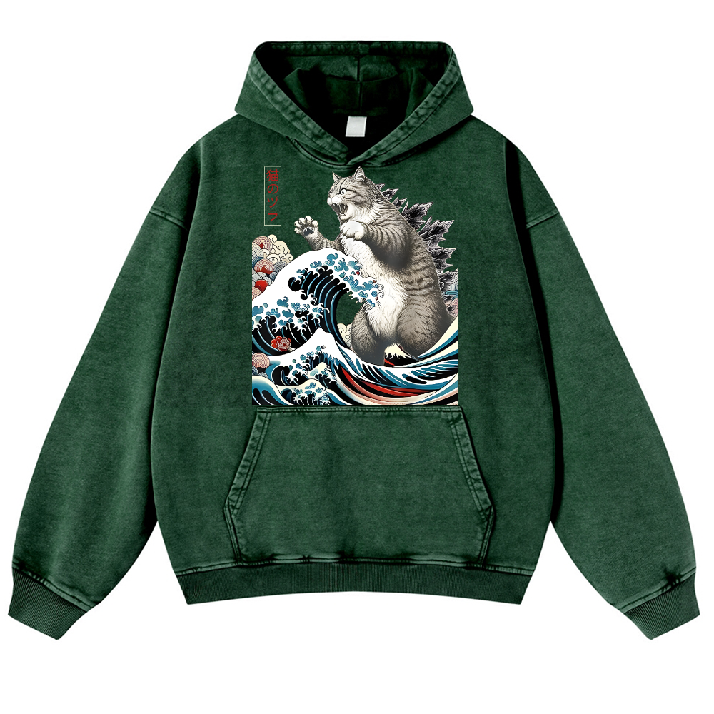 Cat Kaiju Catzilla Ukiyoe Great Wave Vintage Washed Thick Cotton Hoodie