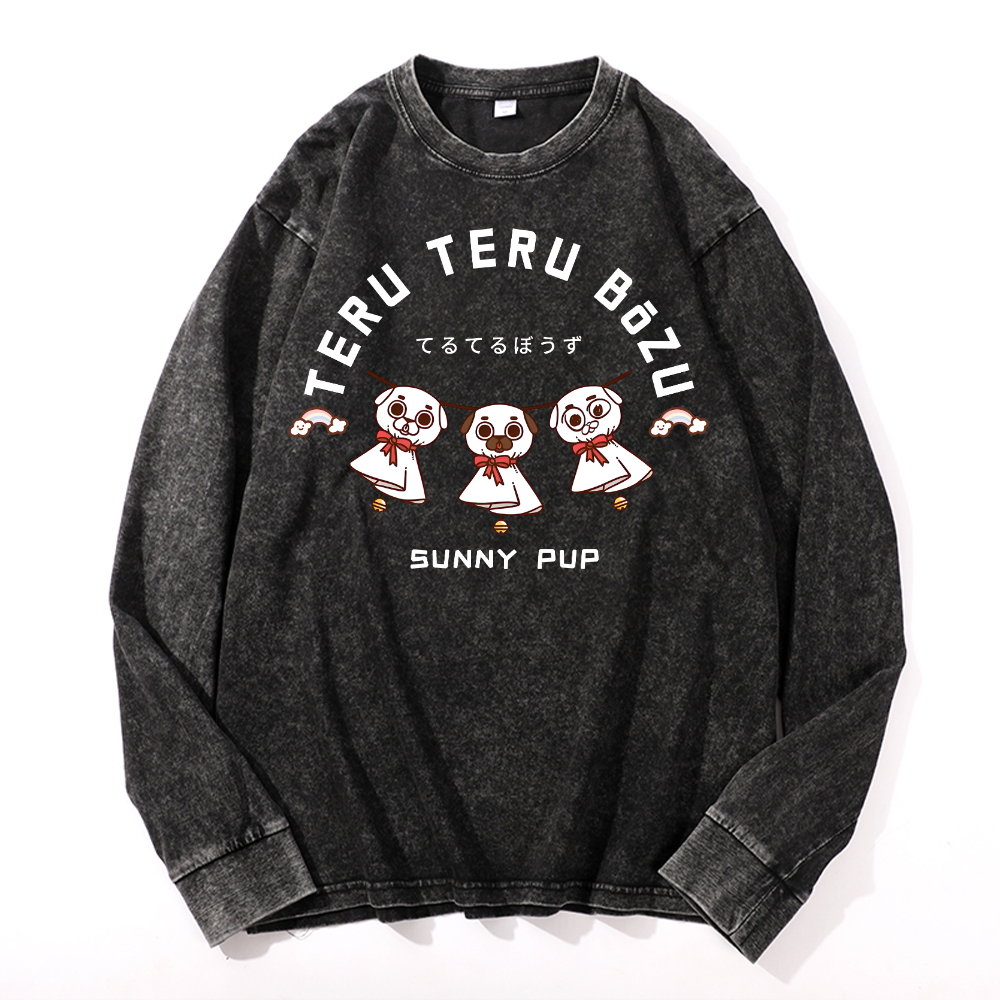 Teru Doll Dog Sunny Pup Vintage Cotton Wash Crewneck Long-Sleeve T-Shirt