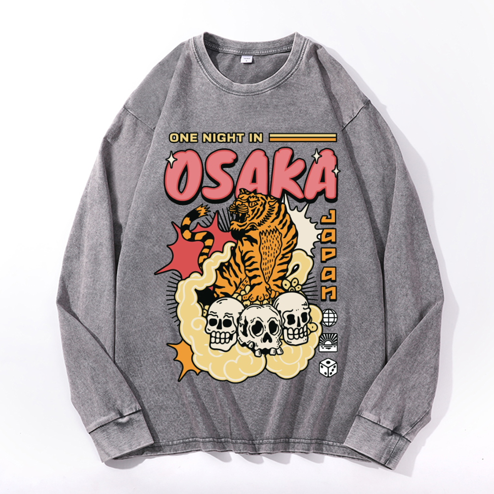 One Night in Osaka Tiger Vintage Cotton Wash Crewneck Long-Sleeve T-Shirt