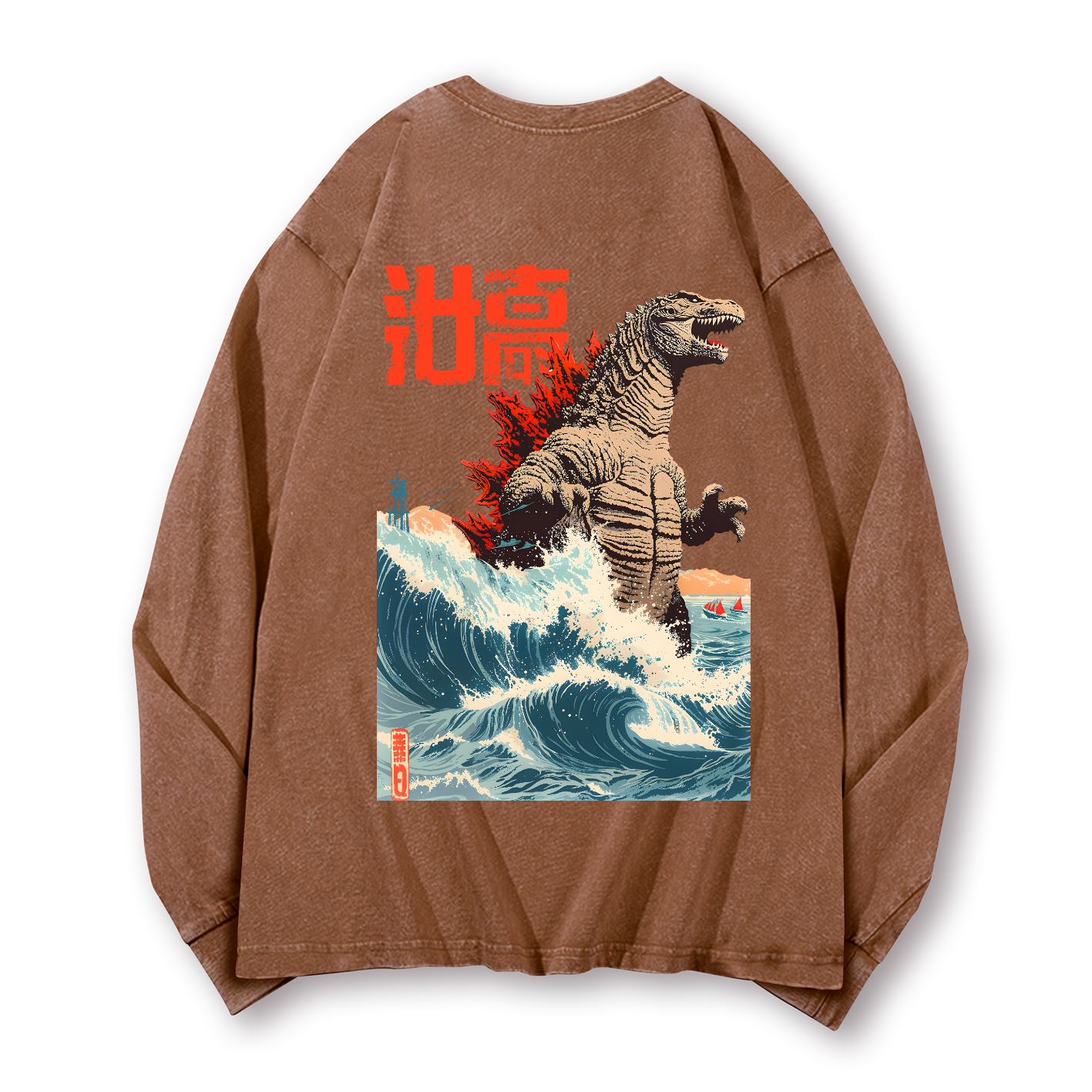 Kaiju Wave Vintage Washed Cotton Back Art Long-sleeve T-shirt